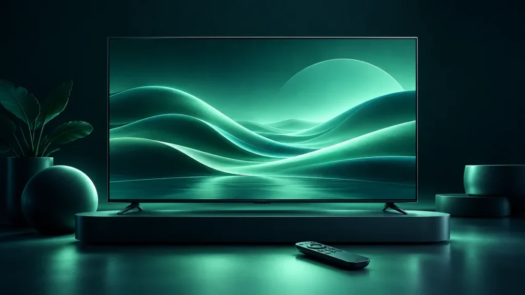 Illustratie van IPTV Nederland met een televisie en afstandsbediening in mintgroen licht
